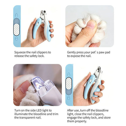 Pet Nail Clippers with Light, Splatter-Proof and Safe Grooming Tool, Universal for Cats and Dogs, LED Light for Locating the Quick - Blue