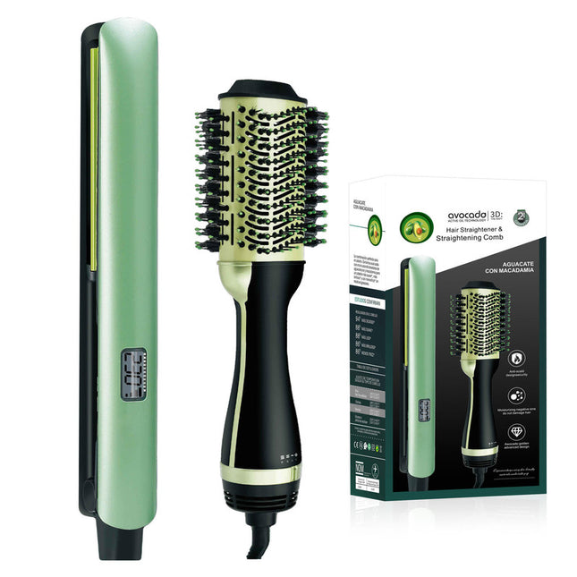 Green Hair Straightening Comb Avocado & Macadamia Oil Infused Hair Straightener & Volumizing Brush