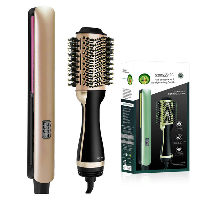 Yellow Straightening Comb Avocado & Macadamia Oil Infused Hair Straightener & Volumizing Brush Set - Anti-Frizz Ceramic Ion Technology - LCD Precision Heat Control Up to 250°C - Healthy Glow Styling Kit for Smooth & Shiny Hair