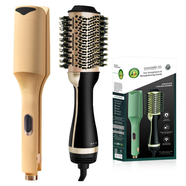 Yellow Curly Hair Straightener Avocado & Macadamia Oil Infused Hair Straightener & Volumizing Brush
