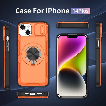 2-in-1 Magnetic Sliding Lens Case, Orange for iPhone 14
