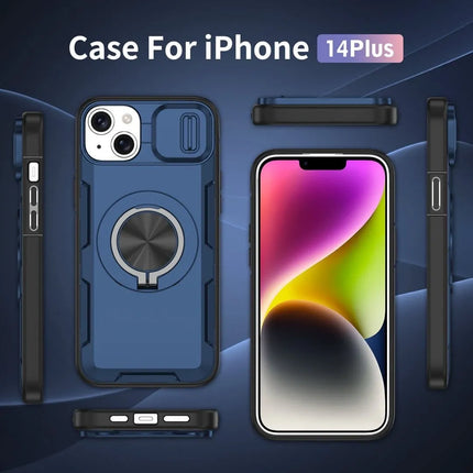 2-in-1 Magnetic Sliding Lens Case, Blue for iPhone 14 Plus