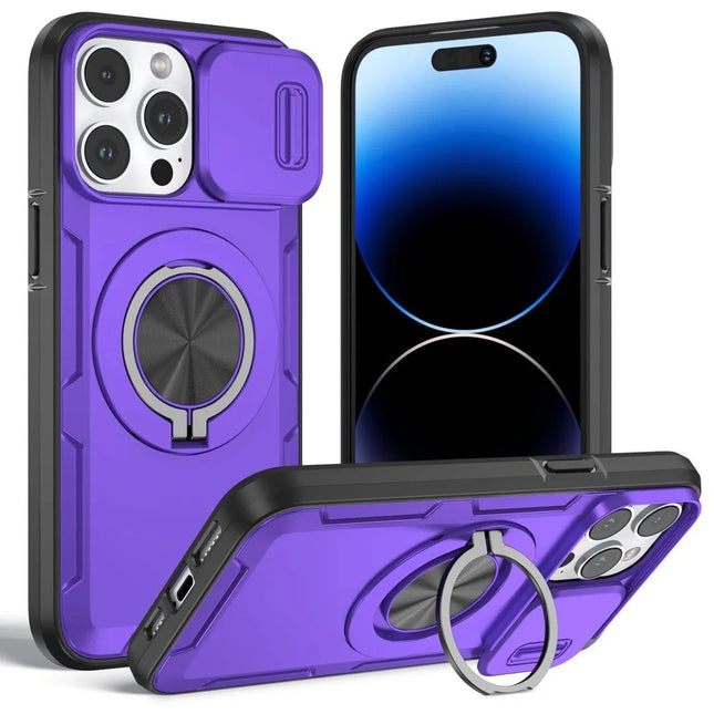 Red Warrior 2-in-1 Magnetic Sliding Lens Case Purple for iPhone 14 Pro Max V1293-MCHZS-14PM