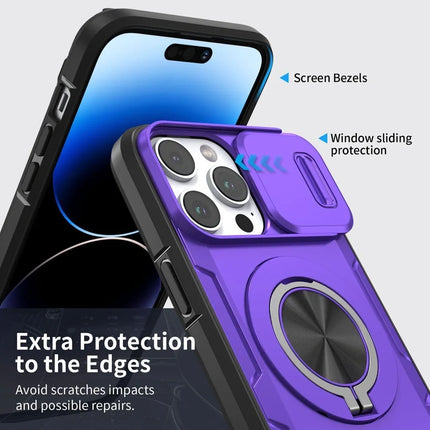 Red Warrior 2-in-1 Magnetic Sliding Lens Case Purple for iPhone 14 Pro Max
