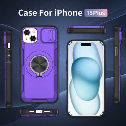 Red Warrior 2-in-1 Magnetic Sliding Lens Case Purple for iPhone 15 Plus