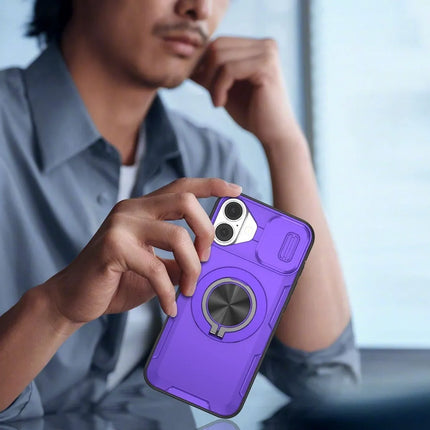 Red Warrior 2-in-1 Magnetic Sliding Lens Case Purple for iPhone 16 Plus