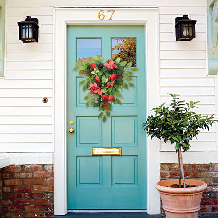 Red Tea Bud Hydrangea Upside down Tree PVC Green Plant Door Hanging Home Decoration