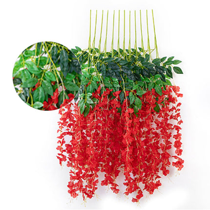 Simulated 6 Leaves Wisteria Decoration Silk Flower Artificial Faux Indoor Vine Wisteria Ornament for Home Red