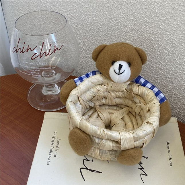 Cute Cartoon Bear Storage Basket Straw Storage Basket for Desktop Office Bedroom S in Green