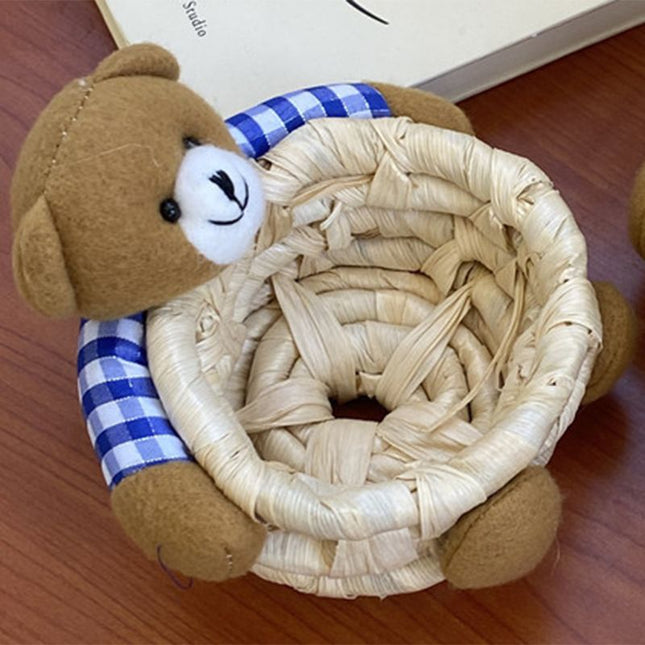 Cute Cartoon Bear Storage Basket Straw Storage Basket for Desktop Office Bedroom S – product detail