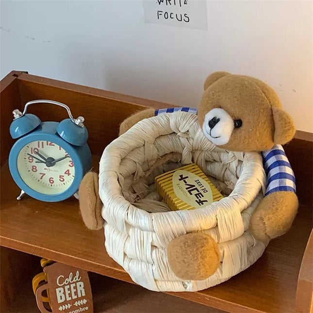 Cute Cartoon Bear Storage Basket Straw Storage Basket for Desktop Office Bedroom L in Green