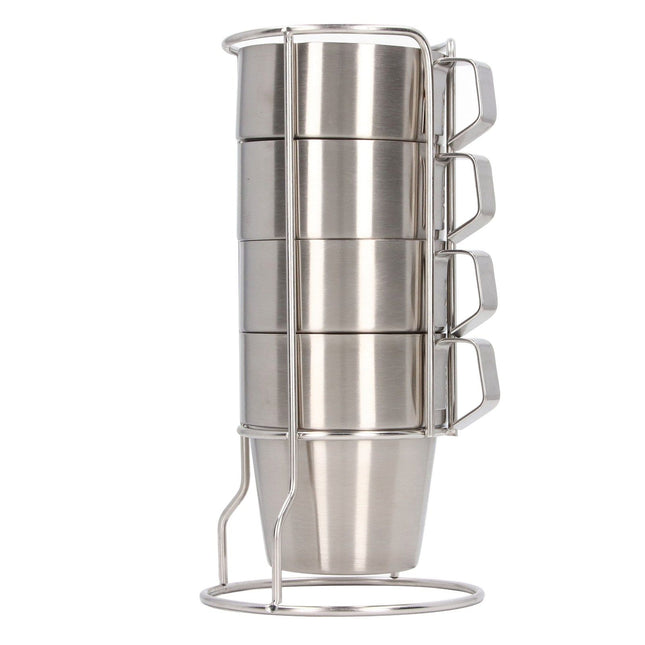 Stainless Steel Camping Cup Set of 4 Double Layer Coffee Mugs with Stand Holder Stackable Outdoor Cups for