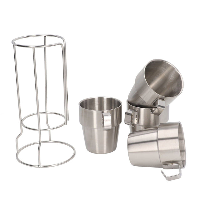 Stainless Steel Camping Cup Set of 4 Double Layer Coffee Mugs with Stand Holder Stackable Outdoor Cups for – product detail