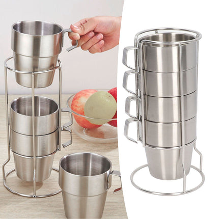Stainless Steel Camping Cup Set of 4 Double Layer Coffee Mugs with Stand Holder Stackable Outdoor Cups for Picnic