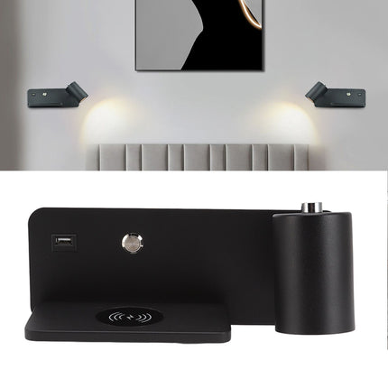 LED Wall Light USB Interface Wireless Charging LED Wall Lamp for Living Room Bedroom 85‑265V Black Right
