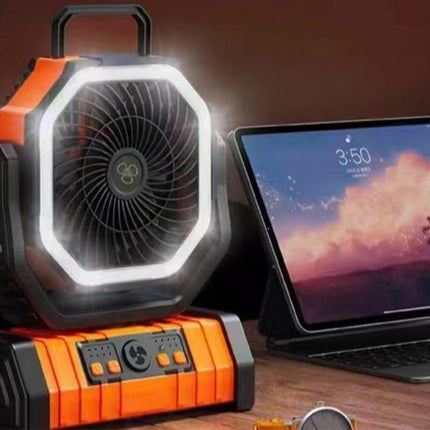 Portable Camping Fan with Light Large Capacity Outdoor Rechargeable Tent Fan - Orange