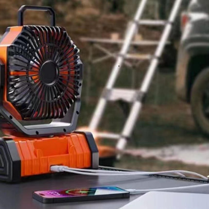 Portable Camping Fan with Light Large Capacity Outdoor Rechargeable Tent Fan - Orange