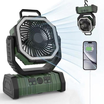 Portable Camping Fan with Light Large Capacity Outdoor Rechargeable Tent Fan - Army Green