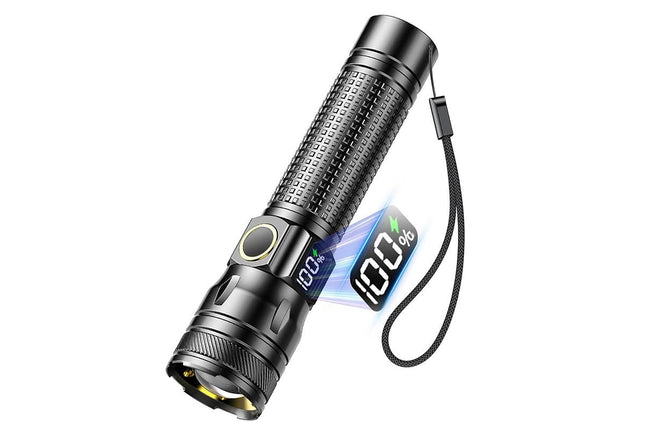 Rechargeable LED Flashlights with Digital Power Display Zoomable High Lumens Bright EDC Flashlight for