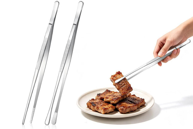 2 Pack 30cm BBQ Tongs Stainless Steel Round and Straight Head for Grilling Cooking