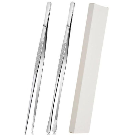 2 Pack 30cm BBQ Tongs Stainless Steel Round and Straight Head for Grilling Cooking - Silver