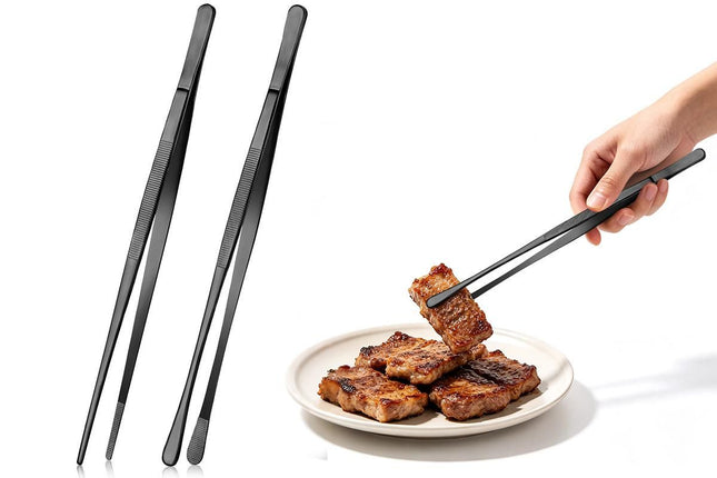 2 Pack 30cm BBQ Tongs Stainless Steel Round and Straight Head for Grilling Cooking