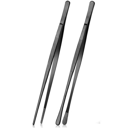 2 Pack 30cm BBQ Tongs Stainless Steel Round and Straight Head for Grilling Cooking - Black