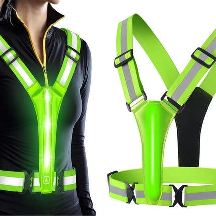 LED Reflective Vest Running Gear USB Rechargeable LED Light Up Vest High Visibility with Adjustable Waist and Shoulde for Night Walking Cycling, High Visibility Running Vest with Reflective Strips -Green