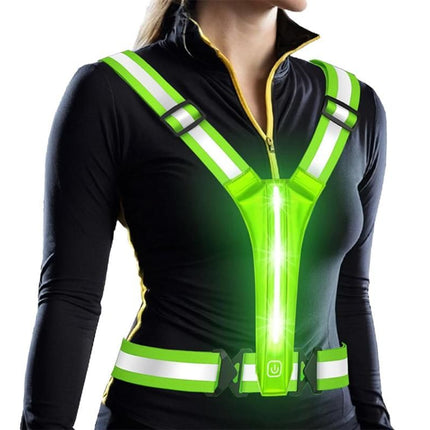 LED Reflective Vest Running Gear USB Rechargeable LED Light Up Vest High Visibility with Adjustable Waist and Shoulde for Night Walking Cycling, High Visibility Running Vest with Reflective Strips -Green