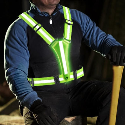LED Reflective Vest Running Gear USB Rechargeable LED Light Up Vest High Visibility with Adjustable Waist and Shoulde for Night Walking Cycling, High Visibility Running Vest with Reflective Strips -Green