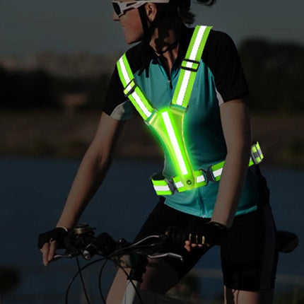 LED Reflective Vest Running Gear USB Rechargeable LED Light Up Vest High Visibility with Adjustable Waist and Shoulde for Night Walking Cycling, High Visibility Running Vest with Reflective Strips -Green