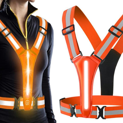 LED Reflective Vest Running Gear USB Rechargeable LED Light Up Vest High Visibility with Adjustable Waist and Shoulde for Night Walking Cycling, High Visibility Running Vest with Reflective Strips -Orange