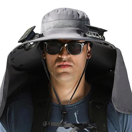Outdoor Wide Brim Sun Hat With 2 Solar Fans Fishing And Beach Hat With Built In Fan -Dark Grey