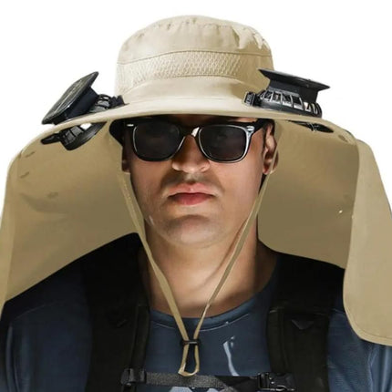 Outdoor Wide Brim Sun Hat With 2 Solar Fans Fishing And Beach Hat With Built In Fan -Khaki