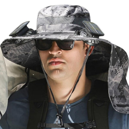 Outdoor Wide Brim Sun Hat With 2 Solar Fans Fishing And Beach Hat With Built In Fan -Patterned Grey