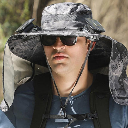 Outdoor Wide Brim Sun Hat With 2 Solar Fans Fishing And Beach Hat With Built In Fan -Patterned Grey