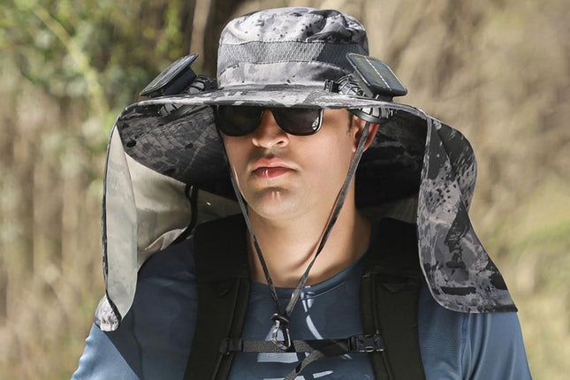 Outdoor Wide Brim Sun Hat With 2 Solar Fans Fishing And Beach Hat With Built In Fan -Patterned Grey – product detail