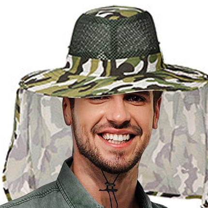 Adult Camouflage Bucket Hat Breathable Mesh Mountaineering Hat Wide Brim Fishing Cap Sun Shade Hat with Neck Flap(Brown)