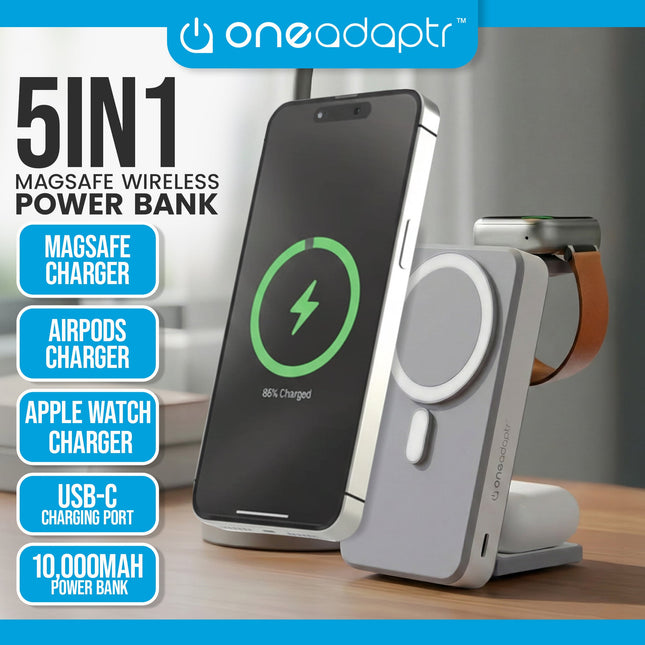 OneAdaptr OneGo Grey 5 in 1 MagSafe Charging Stand Power Bank – product detail