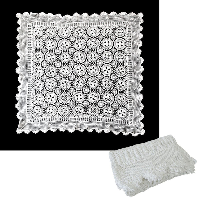 White Knitted Crochet Cotton Tablecloth Square 137 x 137 cm Scalloped Edging 4-Seater – product detail