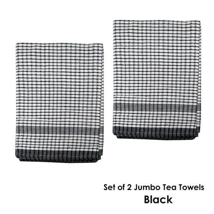 Hotel Living Set of 2 Jumbo Cotton Check Tea Towels 60x90cm Black