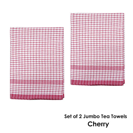 Hotel Living Set of 2 Jumbo Cotton Check Tea Towels 60x90cm Cherry