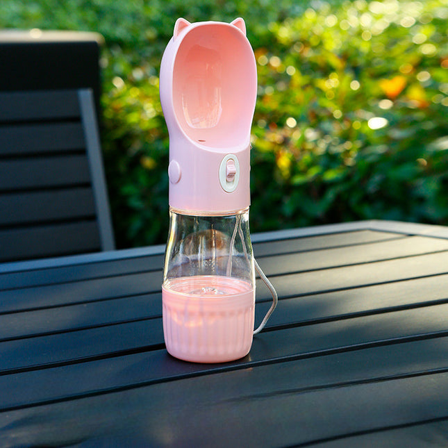 Pink Portable Dog Water Bottle with Built-In Bowl Dispenser