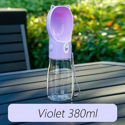 Portable Dog Water Bottle with Bowl Dispenser-380ml Purple Pet Travel Cup Leak-proof One-Hand Operation