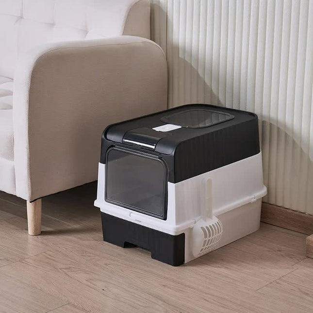 Black Large Enclosed Cat Litter Box with Drawer and Scoop-Odor