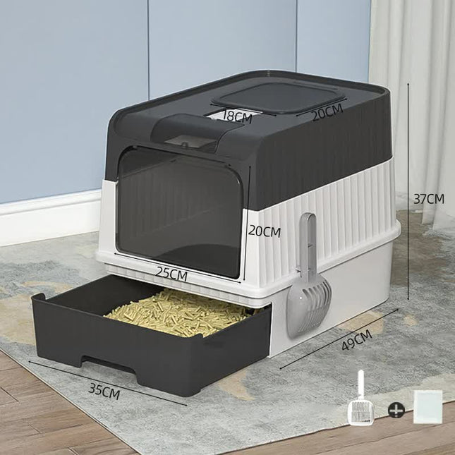 Black Large Enclosed Cat Litter Box with Drawer and Scoop-Odor