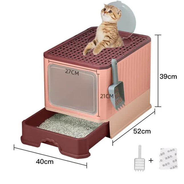 Top-Entry Cat Litter Box with Drawer-Enclosed Design Easy Clean Odor Control Anti-Tracking Lid Pink