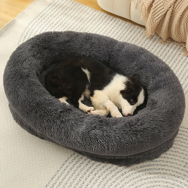 Fluffy Donut-Shaped Pet Bed- Soft Cozy and Anti-Anxiety for Dogs and Cats Machine Washable Dark Gray Size L