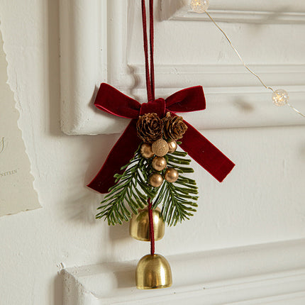 Christmas Hanging Ornament with Pinecones, Bells, and Velvet Bow - 14x10cm Festive Decoration(3 PCS)