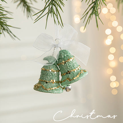 Green Glitter Christmas Bell Ornaments with White Bow - Hanging Holiday Decoration 5 pieces